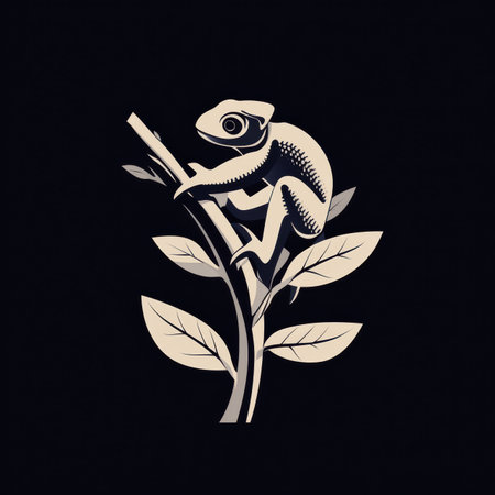 A chameleon gracefully ascends a sleek branch designed with sharp angles and minimalistic details. The bold outlines enhance the contemporary artistic style.の素材