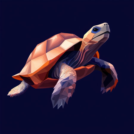 A tortoise glides slowly across a dark background, its shell showcasing intricate geometric designs in a modern style. The clean lines and elegant form accentuate its unique character.の素材
