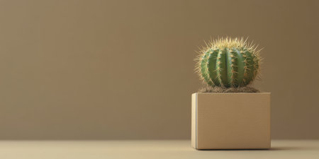 A tiny indoor cactus stands confidently in a massive box, showcasing an exaggerated and artistic packaging design.の素材