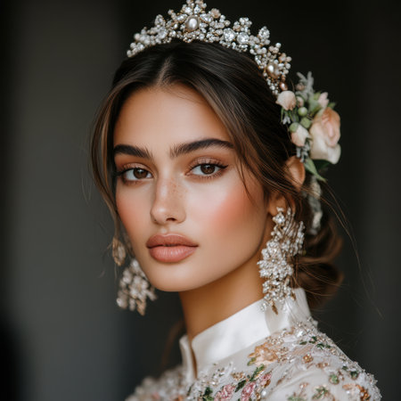 A stunning Persian princess bride embodies grace in a richly embroidered silk gown adorned with floral patterns. Her head is crowned with a dazzling tiara, reflecting ancient myths and regal beauty.の素材