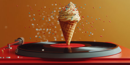 A whimsical fusion unfolds with a detailed waffle cone positioned on a vintage vinyl record player.の素材