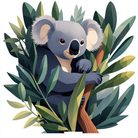 A charming koala rests on a eucalyptus branch, created using clean shapes and solid colors.の素材
