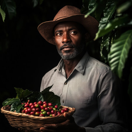 A proud Ethiopian coffee farmer stands with a basket brimming with colorful coffee cherries, illuminated by warm sunlight. Lush greenery surrounds him, highlighting his connection to the land.の素材