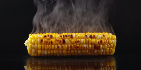 A vibrant piece of grilled corn on the cob stands out with steam rising gently. The rich golden kernels glisten against the pure black backdrop, evoking warmth and a mouthwatering appeal.の素材