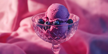 A melting scoop of blueberry ice cream rests beautifully in an ornate crystal wine glass, surrounded by soft, glowing gallery lighting.の素材