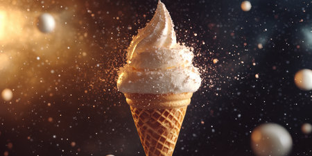 A whimsical scoop of creamy vanilla ice cream hovers gracefully above a crisp waffle cone, surrounded by enchanting, softly glowing particles that create a magical atmosphere.の素材