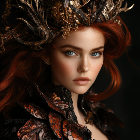 A fierce dragon queen adorned in a gown of shimmering dragon scales and intricate gold embroidery captivates with her fiery red hair.の素材