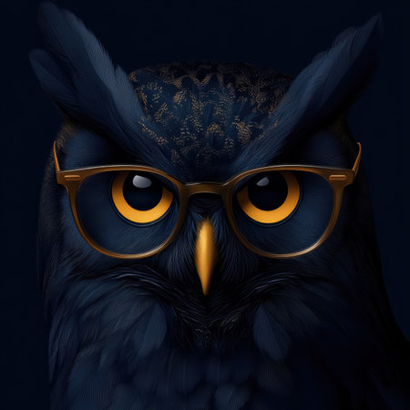A minimalistic depiction of an owl's face, showcasing rich hues of navy and shimmering gold. The owl wears stylish academic glasses, embodying the wisdom of a British university professor.の素材