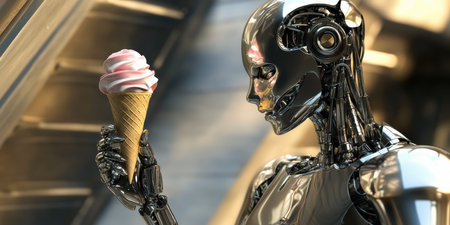 In a sophisticated studio, a sleek robot gently cradles an ice cream cone like a precious gem, showcasing intricate metallic details and mesmerizing reflections in the soft lighting.の素材