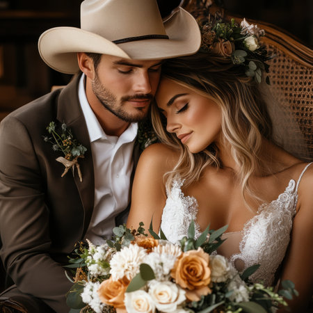 A stylish American bride in a lace gown pairs with cowboy boots, radiating elegance. She holds a vibrant floral bouquet beside her charming groom, capturing a playful, romantic moment.の素材