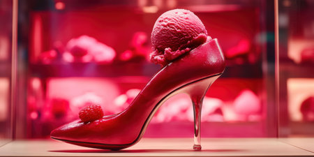 A striking shoe heel holds a scoop of melting raspberry ice cream, beautifully balanced on top.の素材