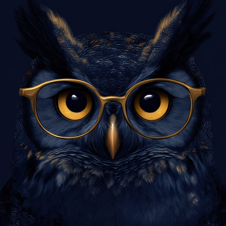A unique depiction of an owl's face celebrating knowledge in deep navy and gold tones.の素材
