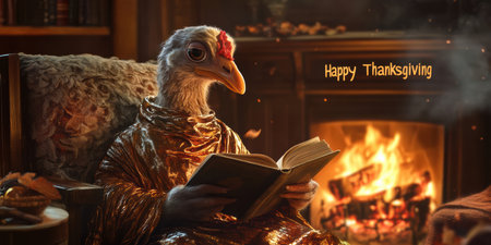 A turkey dressed in a luxurious silk robe enjoys reading a book by a crackling fireplace, while a bright sign wishes everyone a Happy Thanksgiving in the background, creating a cozy atmosphere.の素材