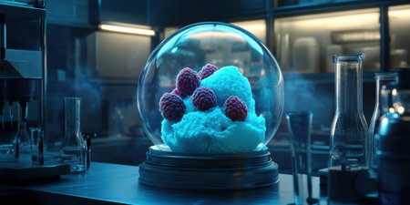 Inside a high-tech laboratory, a vibrant scoop of blue raspberry rests beneath a glass dome, its glowing hue captivating onlookers.の素材
