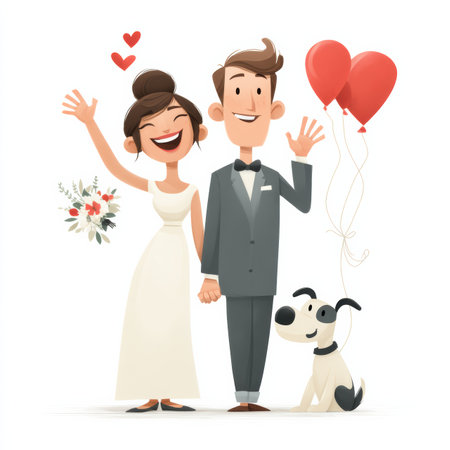 A cheerful bride and groom wave happily, holding hands in celebration of their love. Their small dog sits beside them, while heart-shaped balloons float around, creating a joyous atmosphere.の素材
