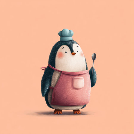 A charming penguin wearing a pink apron and blue chef hat stands proudly against a pale peach backdrop. Holding a tiny spoon, this adorable character seems eager to cook up something special.の素材
