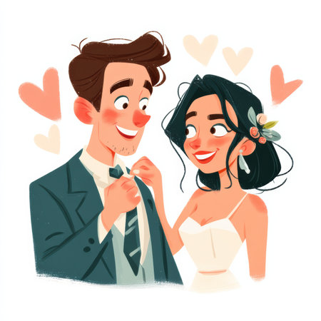 A cheerful bride adjusts the groom's tie with a warm smile as pastel-colored hearts float behind them. Their love radiates in this playful cartoon art showcasing a blissful wedding moment.の素材