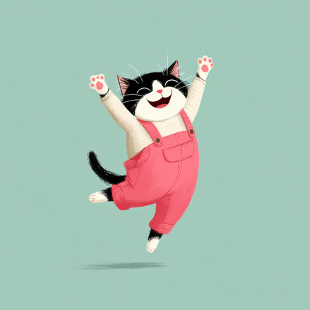 A cheerful cat dressed in vibrant pink overalls spins joyfully, displaying its playful charm.の素材