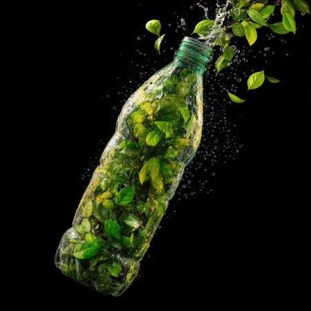 A crushed plastic bottle transforms into vibrant green leaves, symbolizing the potential of recycling and environmental rebirth.の素材