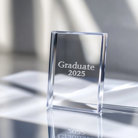 A stunning glass plaque etched with Graduate 2025 shines brilliantly on a smooth, reflective surface. The soft illumination enhances the intricate details and textures of this keepsake.の素材