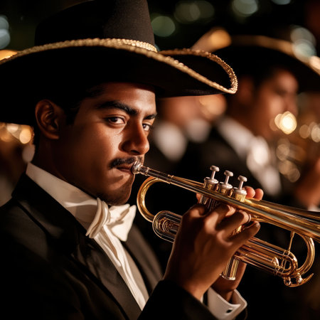 In a vibrant ambiance, a mariachi musician skillfully holds a trumpet, its polished brass glimmering.の素材