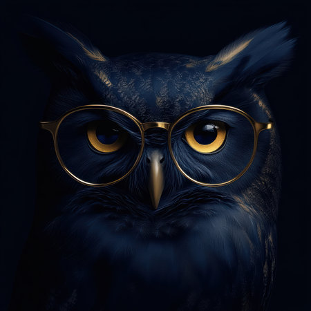 A wise owl face emerges in deep shades of navy and gold, its academic glasses reflecting wisdom.の素材