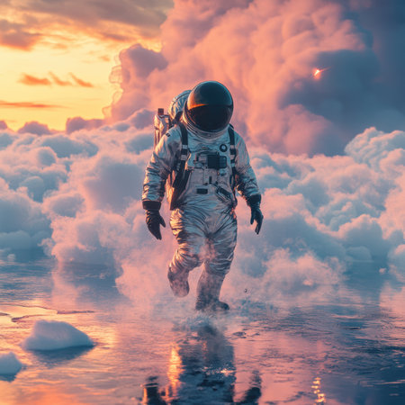 A penguin clad in a reflective spacesuit traverses a surreal alien landscape, surrounded by steam clouds and an ice volcano under a radiant sky. The atmosphere is otherworldly and enchanting.の素材