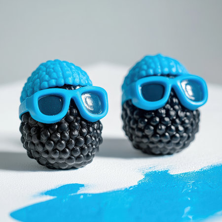 Close-up of two whimsical blackberries wearing bright swim caps and goggles, lined up beside a vivid blue paint representing a swimming pool, capturing a fun and imaginative moment.の素材