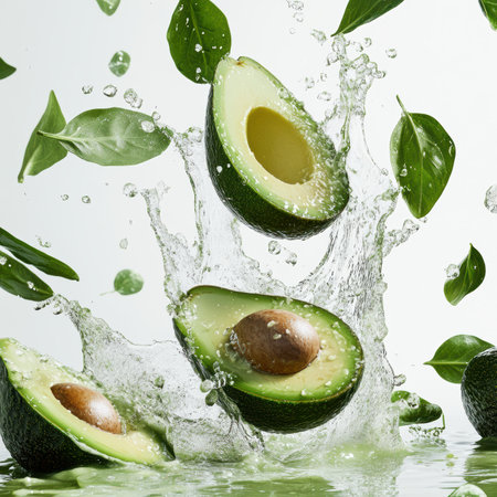 Creamy green liquid splashes dramatically around fresh avocado halves against a clean white backdrop. The scene captures the essence of freshness and vibrancy, enhanced by a hyper-realistic style.の素材