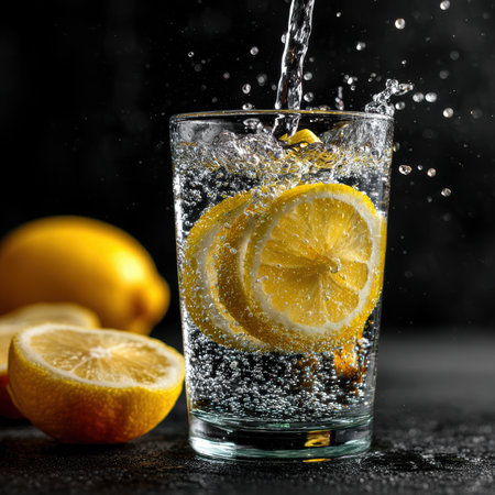 A stream of sparkling water pours into a glass tumbler filled with lemon slices, creating a vivid splash that contrasts beautifully with the dark, minimal background, evoking a refreshing summer vibe.の素材