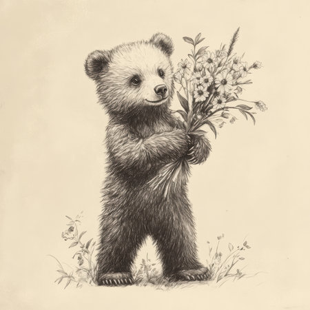 A delightful bear cub stands on its hind legs, holding a vibrant bouquet of wildflowers. This charming vintage pencil sketch evokes a soft, neutral atmosphere, perfect for a spring holiday vibe.の素材