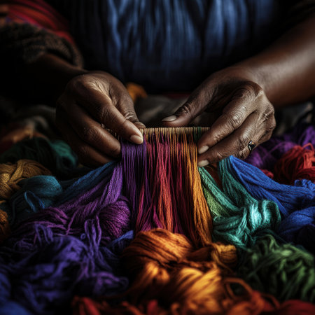 In a bustling traditional Mexican market, skilled hands intricately weave vibrant threads, showcasing a beautiful array of colors. The minimalistic surroundings enhance the artistry of the craft.の素材