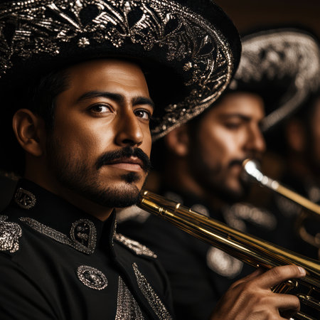 Capturing the essence of mariachi culture, a skilled musician holds a shining trumpet, skillfully reflecting light. Adorned in traditional attire, he immerses the audience in captivating melodies.の素材