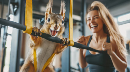 In a compact studio gym filled with motivation, a cheerful squirrel performs pull-ups on resistance bands. Beside it, a woman laughs, showcasing the quirky charm of this unique workout session.の素材