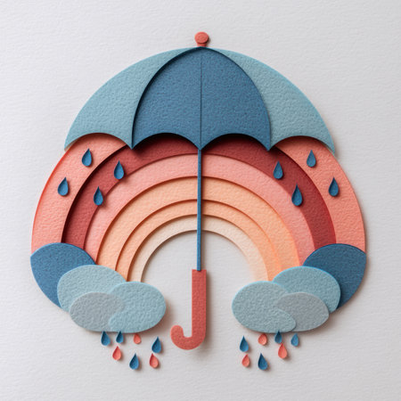 A delightful paper cut design showcases a colorful umbrella layered above raindrops and soft clouds.の素材