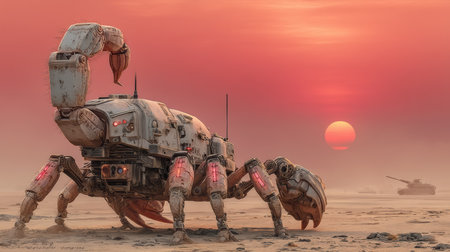 Amidst swirling dust and a crimson sky, a heavily armored robotic scorpion stands vigilant at the entrance of an abandoned colony. Its tail bristles with missile pods, glowing with potential energy.の素材