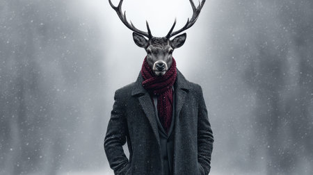 A striking reindeer stands tall in a snowstorm, clad in an elegant charcoal overcoat and a vibrant crimson scarf. Its confident demeanor enhances the cinematic charm of the winter atmosphere.の素材