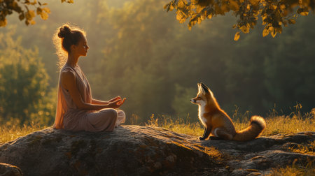 A woman sits peacefully in meditation atop a sturdy boulder, accompanied by a calm fox. The soft golden light of evening envelops them, creating a serene atmosphere amidst the lush greenery.の素材