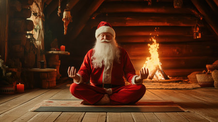 In a serene wooden cabin, Santa enjoys a calming yoga session on a mat, dressed in red thermal attire.の素材