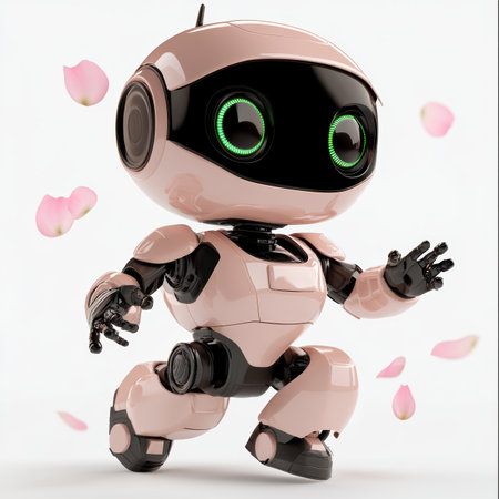 In a vibrant setting, a cute pink robot with expressive big eyes revels in joy. Floating flower petals create a magical ambiance against a pristine white background.の素材