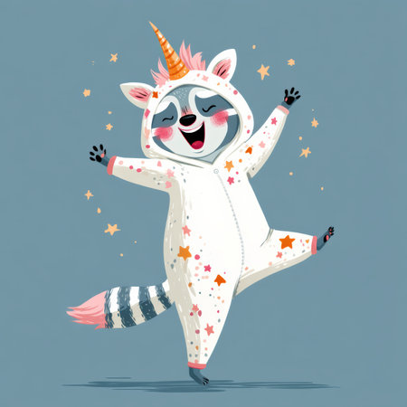 A whimsical raccoon delights in wearing a magical unicorn onesie adorned with a pink mane and pastel stars, joyfully jumping against a calming baby blue backdrop filled with cheerful energy.の素材