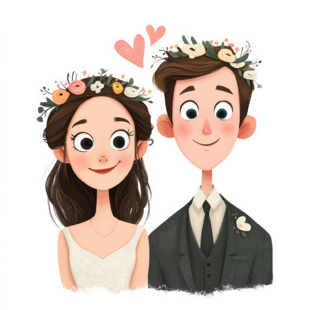 A cheerful bride and groom stand side by side, their big eyes gleaming with joy.の素材