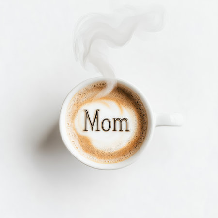 An overhead view showcases a delicate white porcelain coffee cup. Rising steam gracefully shapes the word 'Mom' against a pristine background, highlighting love and warmth in a unique way.の素材
