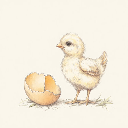 A charming baby chick gently peeks from beside a cracked eggshell, showcasing its soft feathers and innocence.の素材