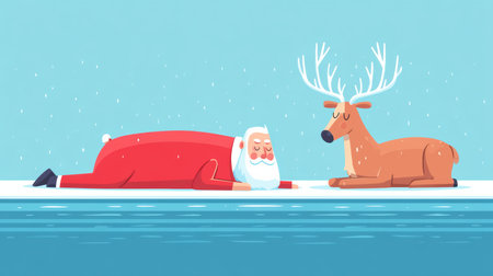 In a playful winter moment, a reindeer is planking on the icy surface as Santa cheerfully tosses snowballs onto its back. The chilly air is filled with frosty breath and light humor.の素材