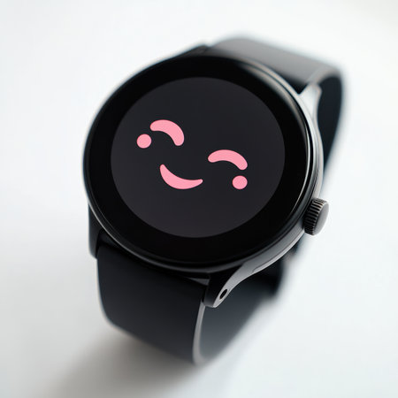 This smartwatch features a playful winking face with blinking pixel eyes on its screen, effortlessly showcased on a wrist-shaped display against a pristine white background.の素材