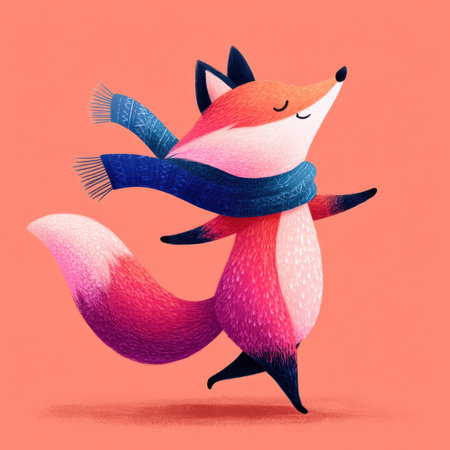 A charming fox spins joyfully, wearing a vibrant scarf that sways in mid-motion. The soft pink and blue tones create a playful atmosphere, accentuating the fox's friendly expression.の素材