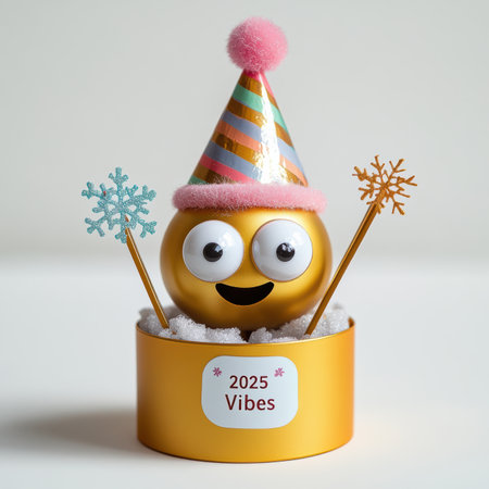 A whimsical golden spoon with googly eyes wears a colorful party hat, nestled in a cozy ring box adorned with 2025 Vibes label. Snowflake stickers add a playful touch to this festive setup.の素材