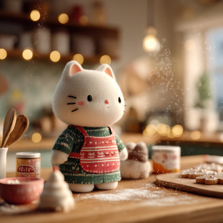 In a charming kitchen, a cute white cat wearing a festive red-and-green apron stands on a stool, carefully decorating Christmas cookies. Flour floats in the warm, cozy atmosphere, adding magic.の素材