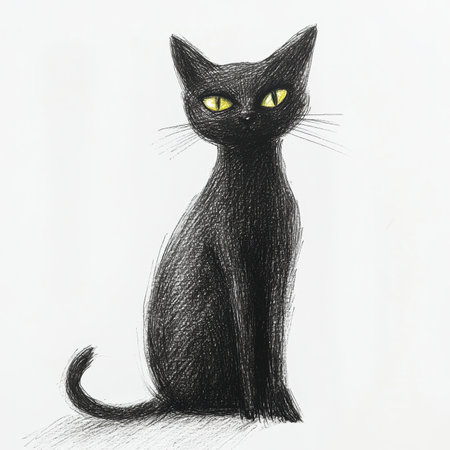 A striking pencil sketch showcases a black cat with an elegantly arched back and bright yellow eyes. This Halloween-inspired artwork embodies a playful yet eerie minimalism, inviting imagination.の素材